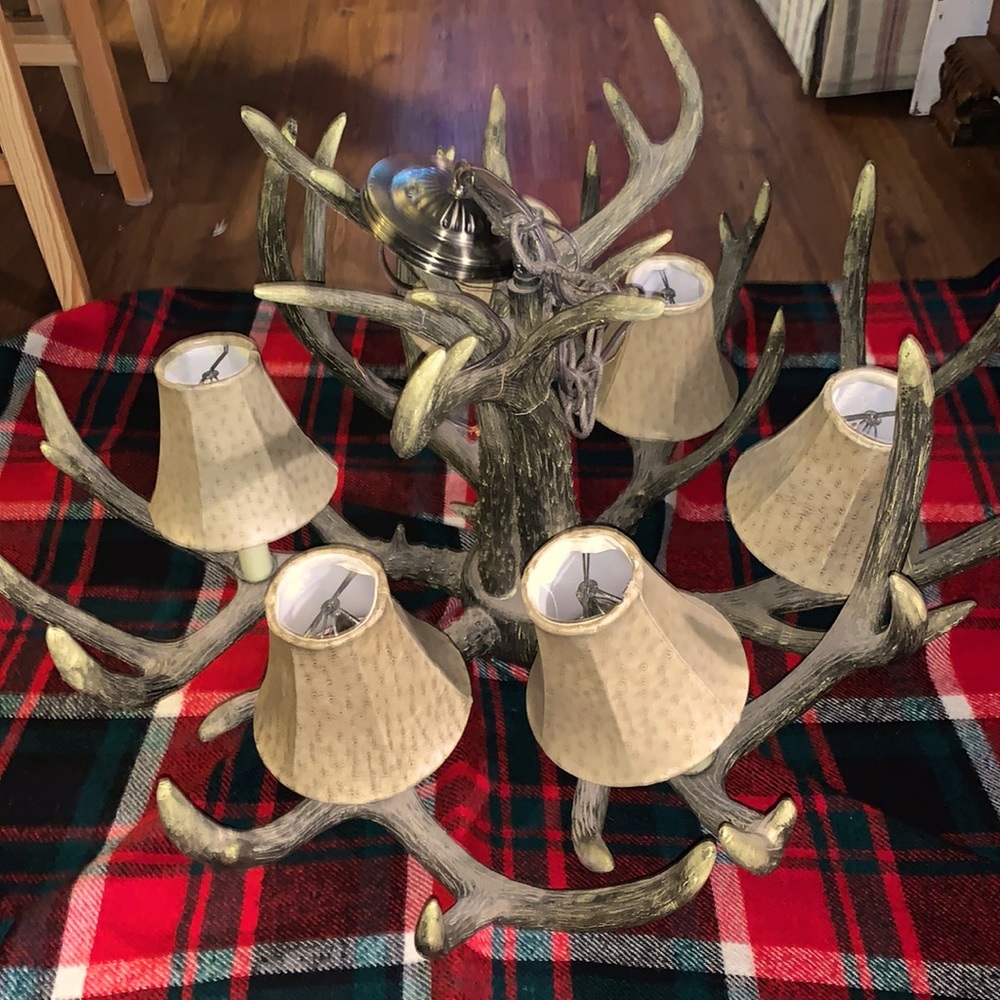 Antler chandelier with 6 lights and shades for each light.